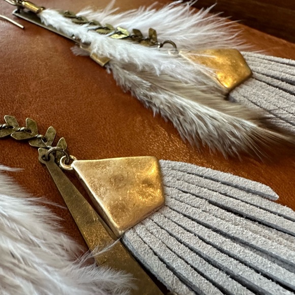 Suede Fringe Arrow Feather Antique Brass Bohemian Statement Earrings - Picture 10 of 11